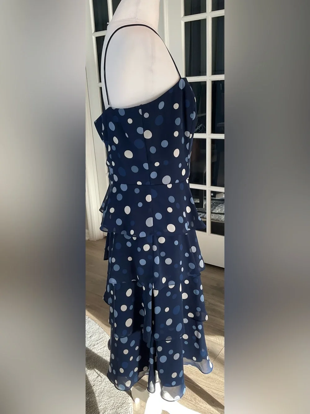 Dressbarn Navy Blue Polka Dot Tiered Chiffon Midi Dress Ruffle Size 12 GUC - Picture 4 of 13